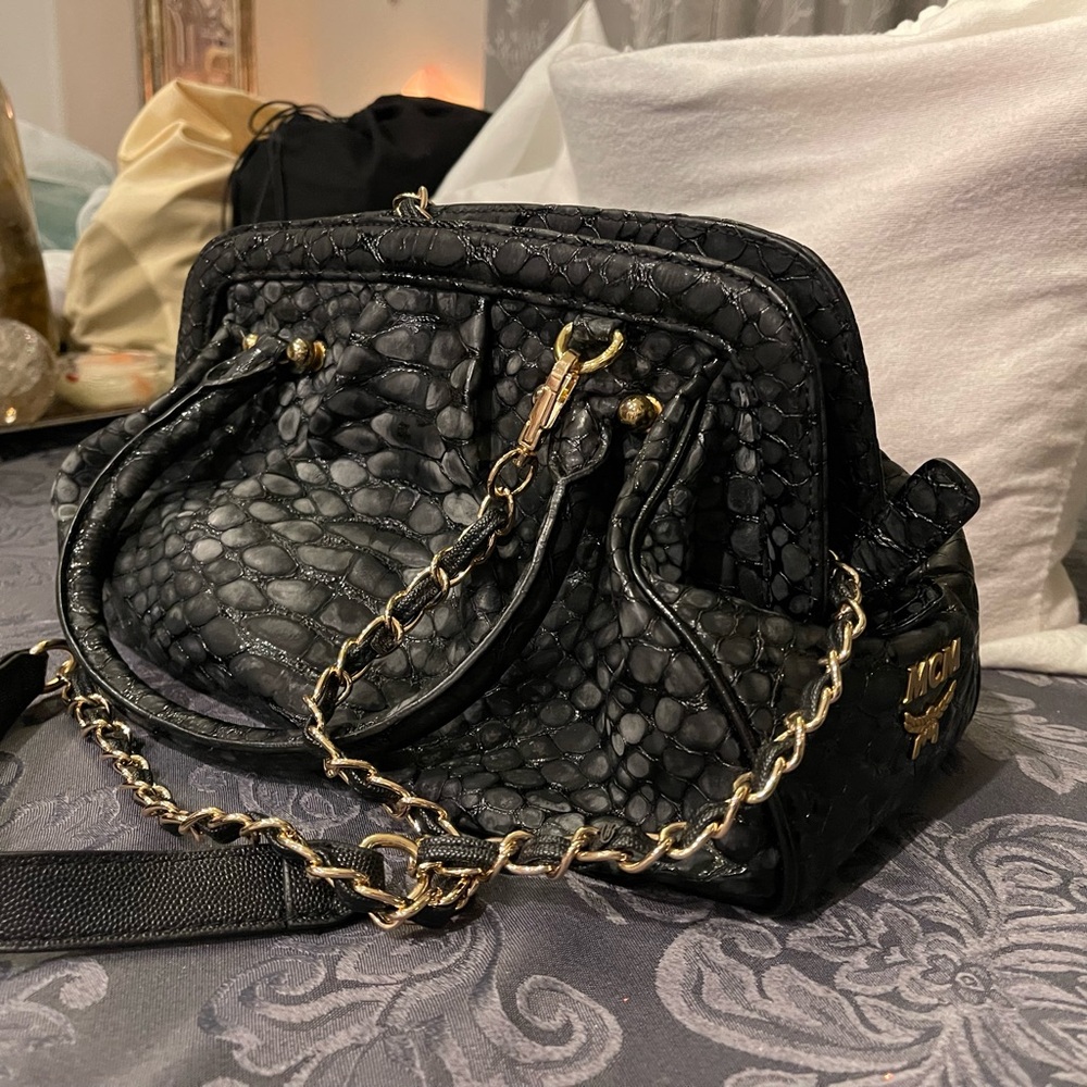 MCM Black Quilted Leather Shoulder Bag with Gold Chain